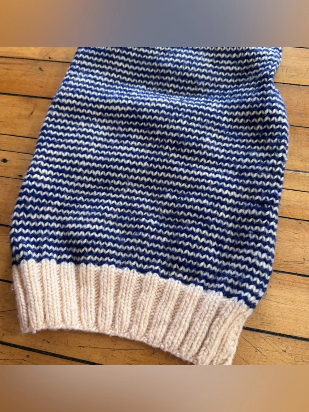 Chilly Dog Sweater wool blue cream striped cowl neck cozy warm dog puppy